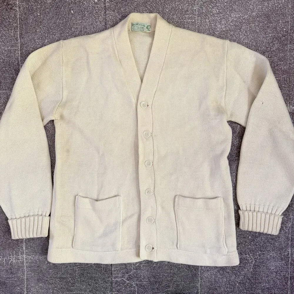 Men's Vintage 50's Imperial Off White Varsity Cardigan Button Up Sweater Sz 42